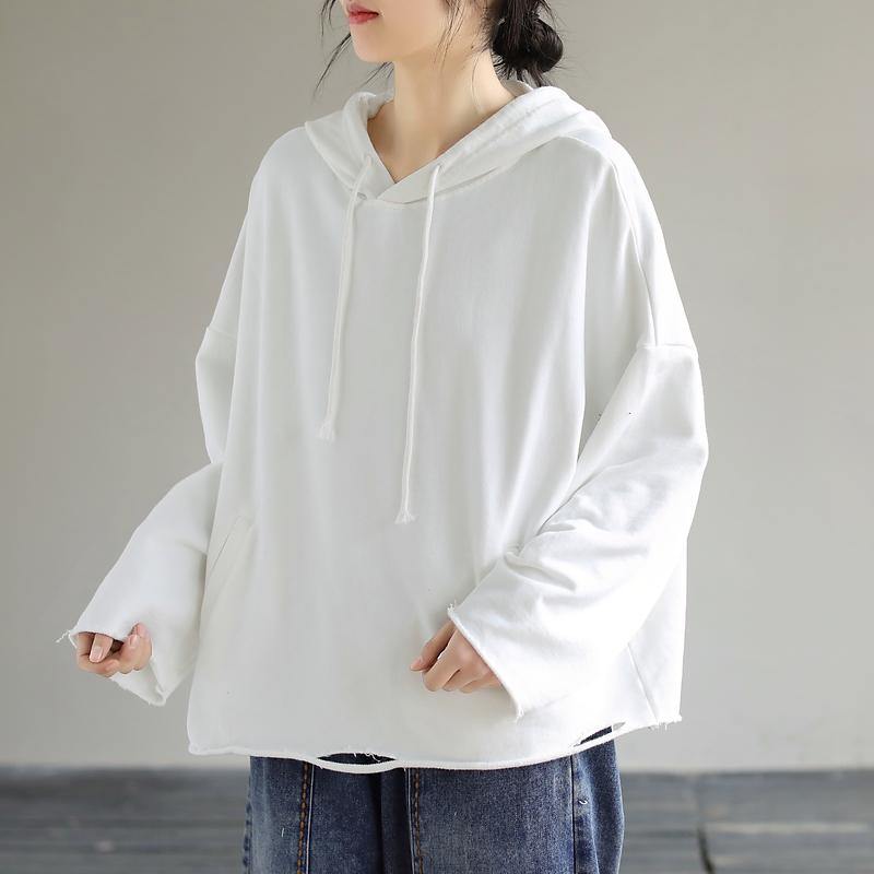 Art Hooded Hole Spring Top Neckline White Blouse - SooLinen