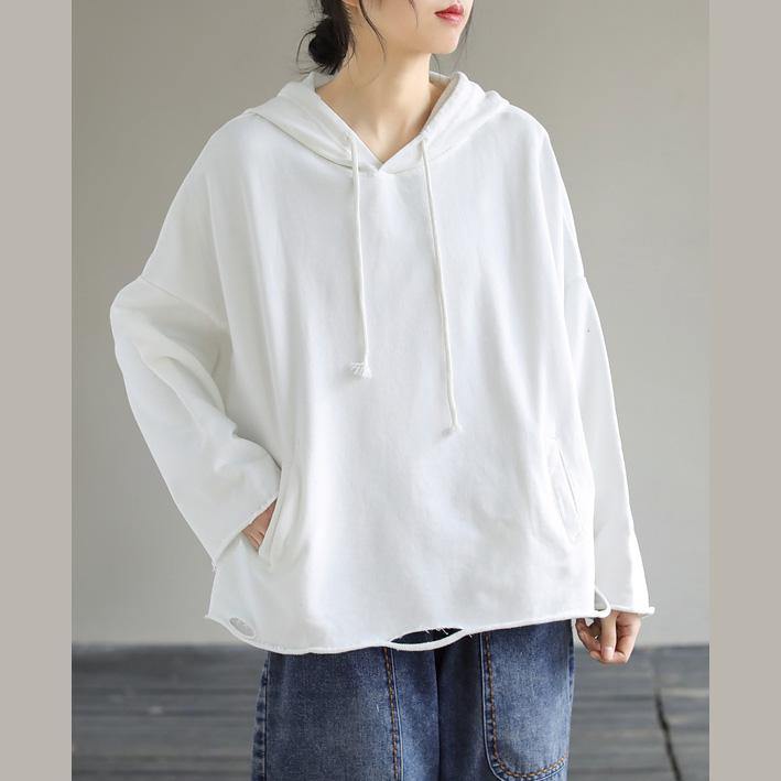 Art Hooded Hole Spring Top Neckline White Blouse - SooLinen