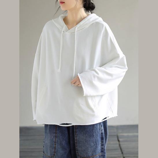 Art Hooded Hole Spring Top Neckline White Blouse - SooLinen