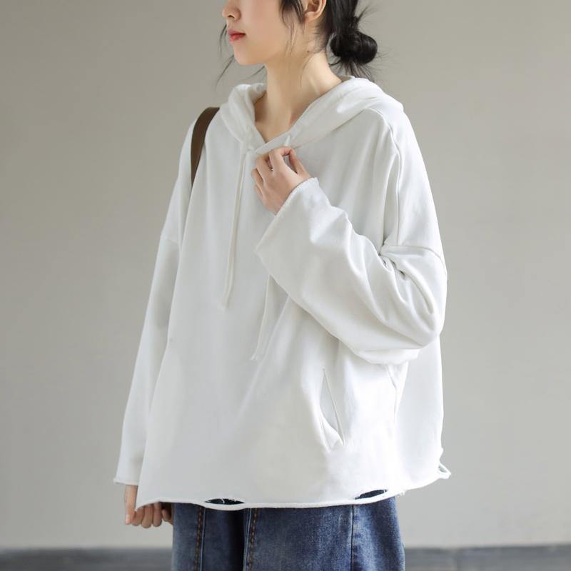 Art Hooded Hole Spring Top Neckline White Blouse - SooLinen