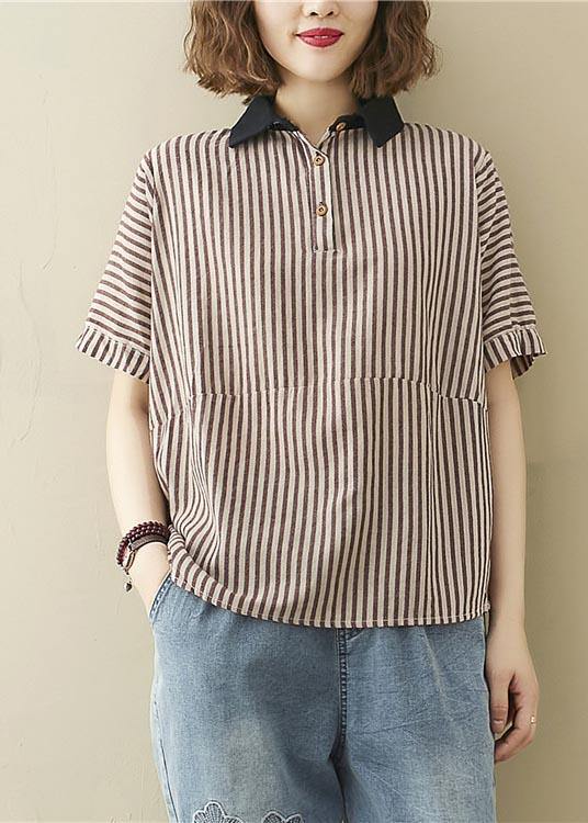 Art Khaki Striped Patchwork Linen Summer Top - SooLinen