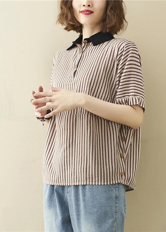 Art Khaki Striped Patchwork Linen Summer Top - SooLinen