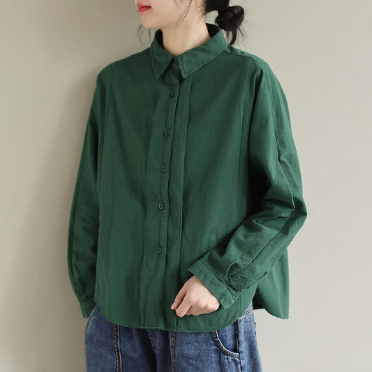 Art Lapel Button Down Spring Tops Women Pattern Green Top - SooLinen