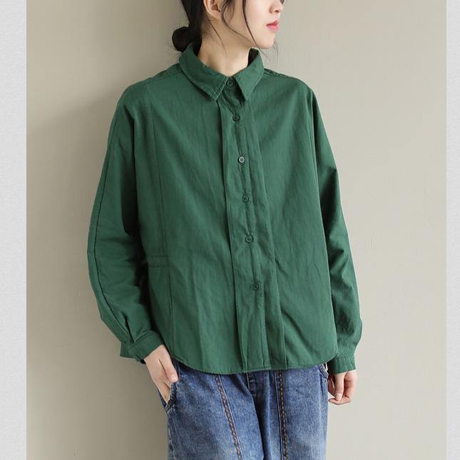 Art Lapel Button Down Spring Tops Women Pattern Green Top - SooLinen