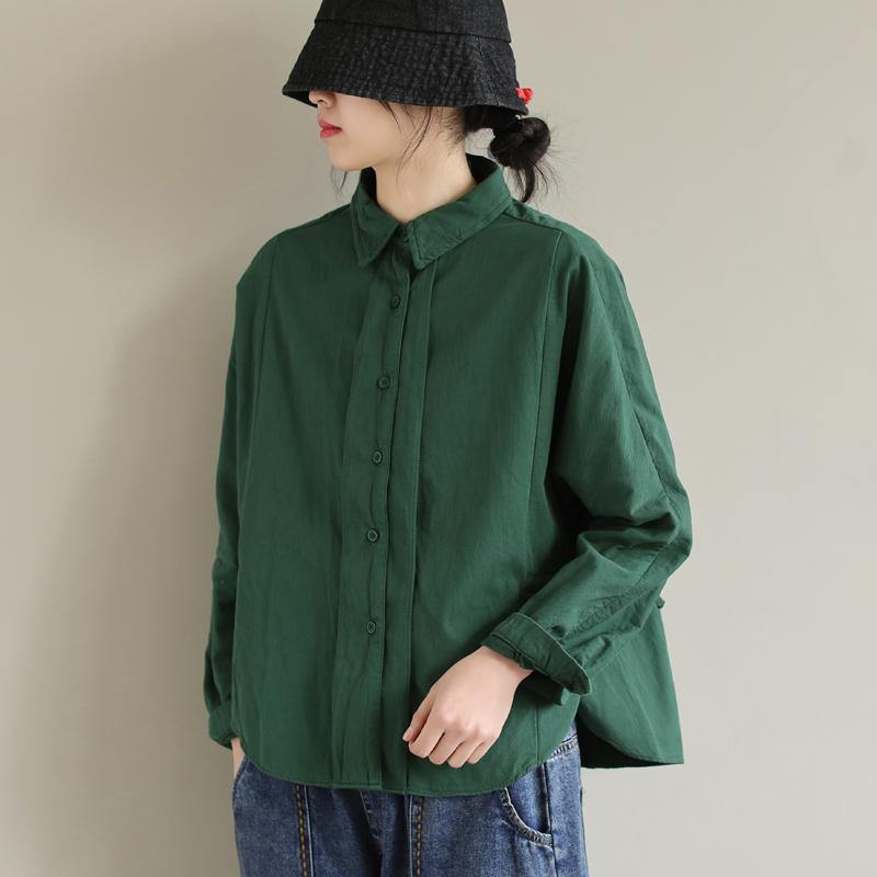 Art Lapel Button Down Spring Tops Women Pattern Green Top - SooLinen