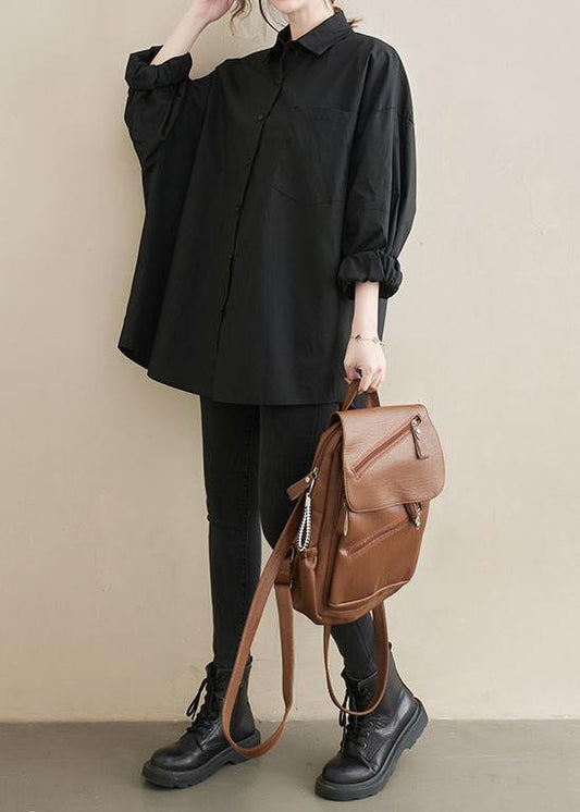 Art Lapel Pockets Spring Tunic Top Shirts Black Top - SooLinen