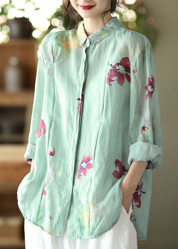 Art Light Green Peter Pan Collar Imprime Ramie Shirts Long Manneve