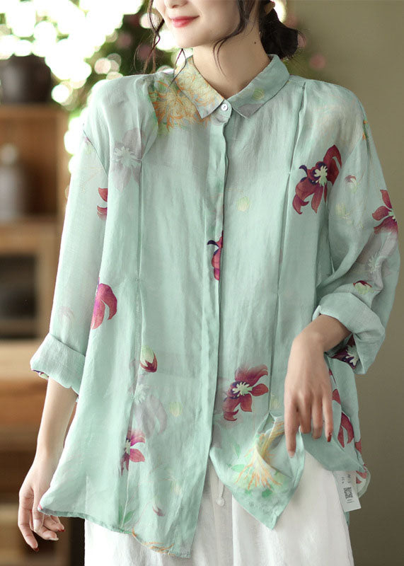 Art Light Green Peter Pan Collar Imprime Ramie Shirts Long Manneve