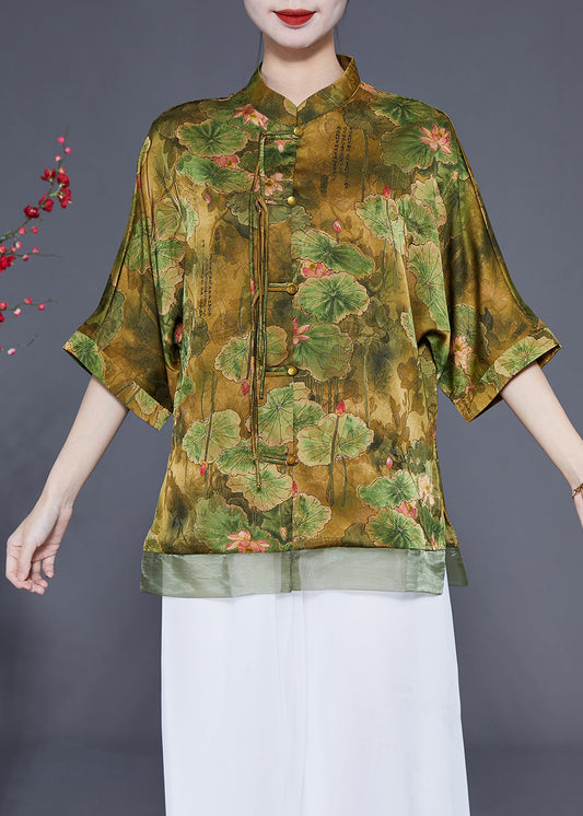 Art Green Stand Collar Patchwork Imprimé Picheau Silk Half Half Half Sleeve