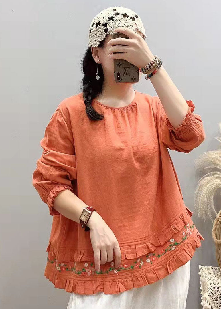 Art Orange Embroideried Ruffled Shirts Spring