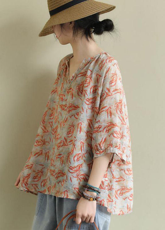 Art Orange V Neck Oversized Print Linen Tank Tops Half Sleeve