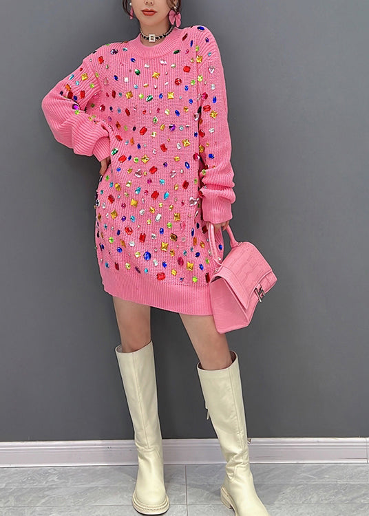 Art Pink O-Neck Bright Diamond Tinsit Mid Robe Hiver