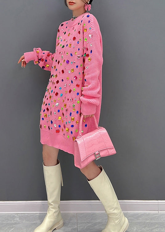 Art Pink O-Neck Bright Diamond Tinsit Mid Robe Hiver