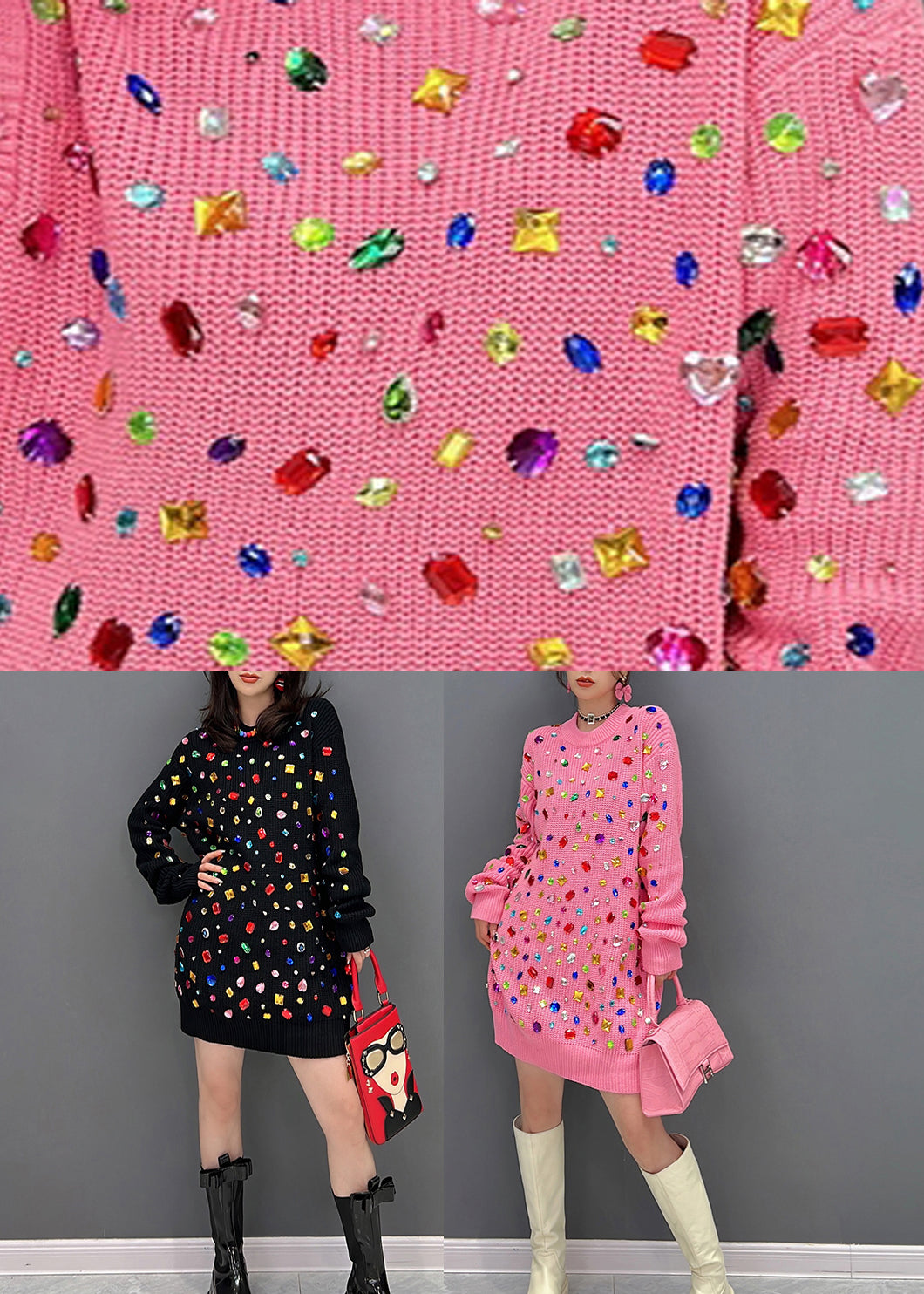 Art Pink O-Neck Bright Diamond Tinsit Mid Robe Hiver