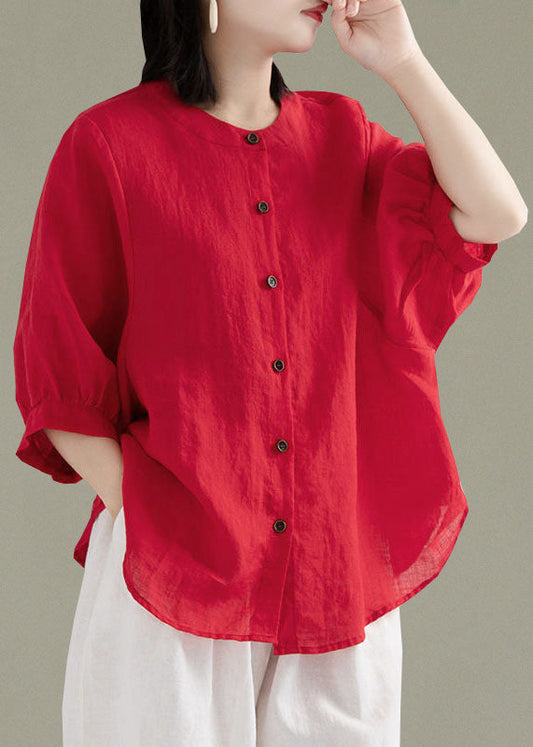 Art Red O Neck Button Linn Shirt Top Lantern Sleeve