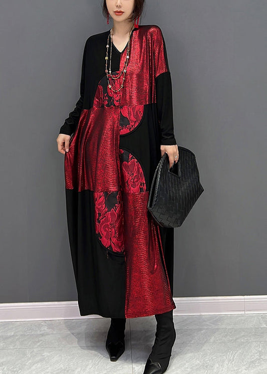 Art Red Patchwork noir V Couce Imprimé robe maxi automne