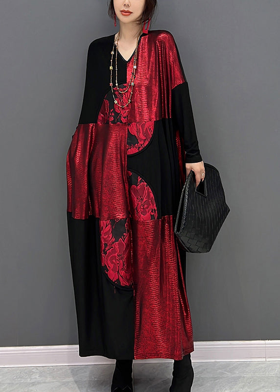 Art Red Patchwork noir V Couce Imprimé robe maxi automne