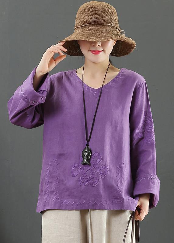 Art V Neck Embroidery Spring Purple Blouse - SooLinen