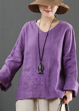 Art V Neck Embroidery Spring Purple Blouse - SooLinen