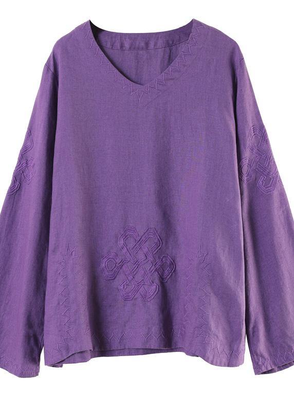 Art V Neck Embroidery Spring Purple Blouse - SooLinen