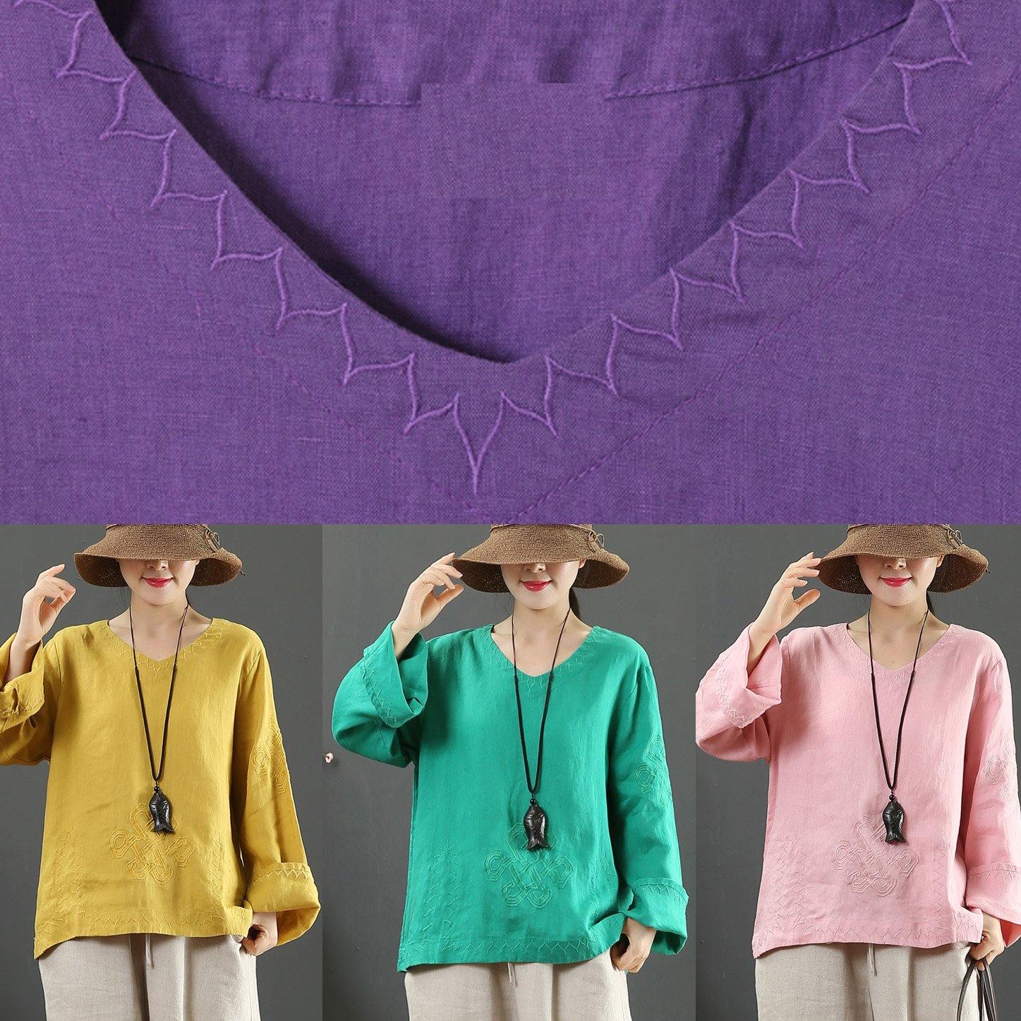 Art V Neck Embroidery Spring Purple Blouse - SooLinen