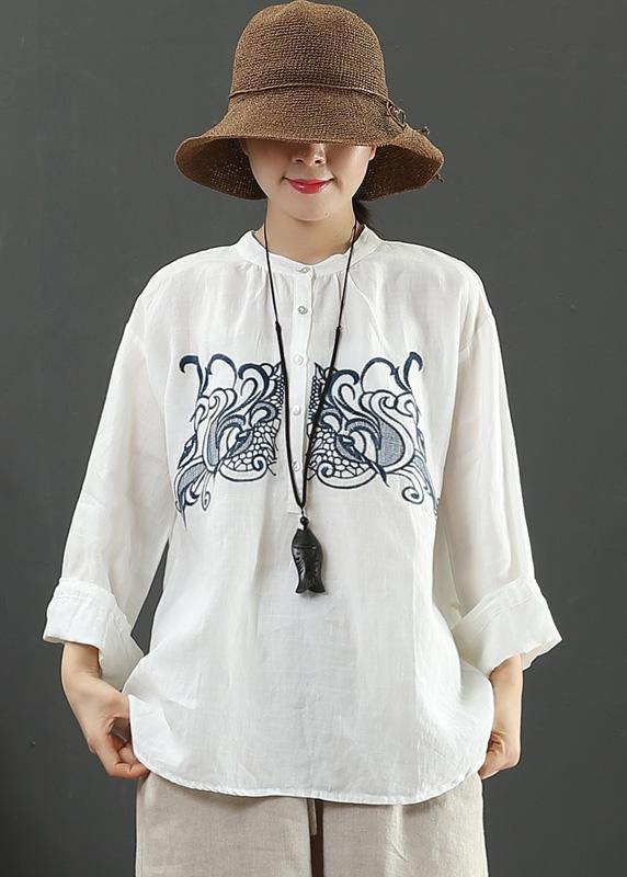 Art White Embroidery Tops Women Stand Collar Daily Spring Top - SooLinen