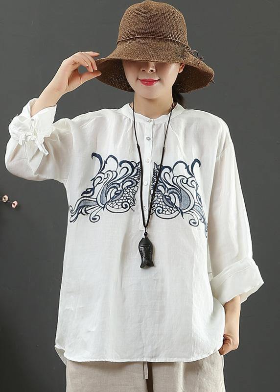 Art White Embroidery Tops Women Stand Collar Daily Spring Top - SooLinen