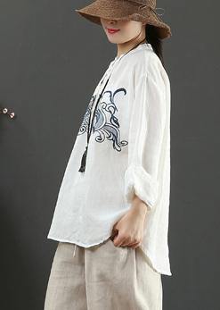 Art White Embroidery Tops Women Stand Collar Daily Spring Top - SooLinen