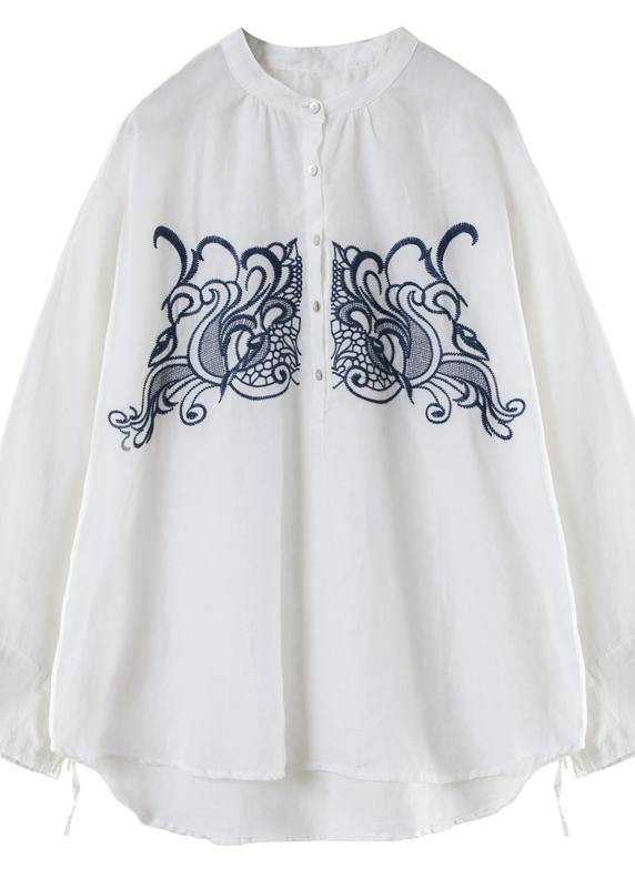 Art White Embroidery Tops Women Stand Collar Daily Spring Top - SooLinen