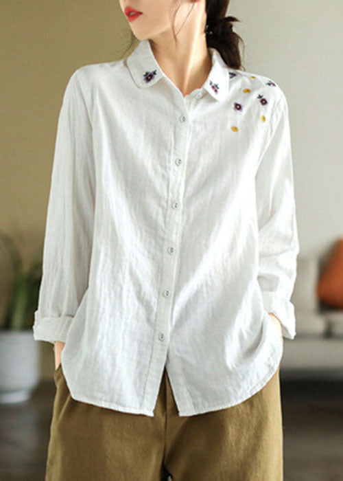 Art White Peter Pan Collier Broideried Cotton Shirt Spring