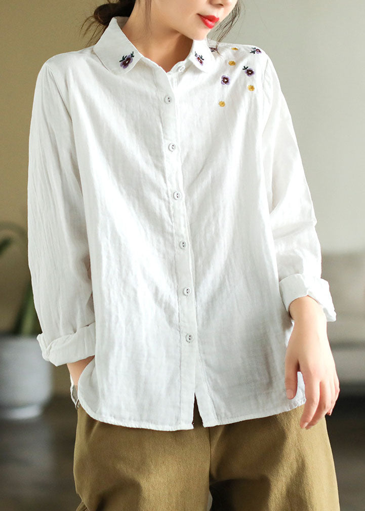 Art White Peter Pan Collier Broideried Cotton Shirt Spring