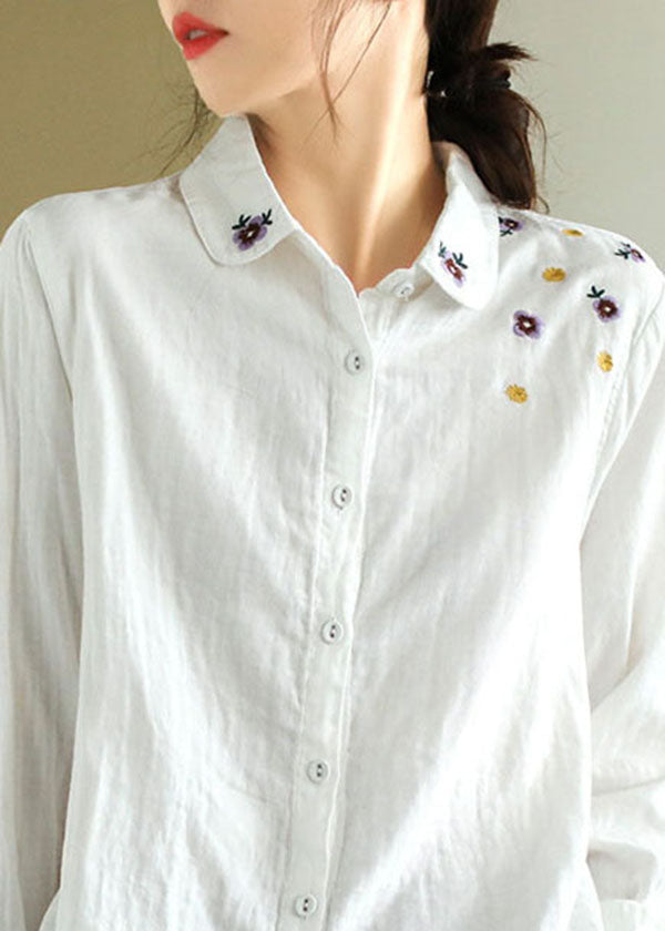 Art White Peter Pan Collier Broideried Cotton Shirt Spring