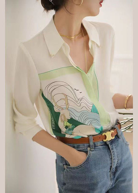 Art White Peter Pan Collar Print Mariffon Shirt Tops Spring