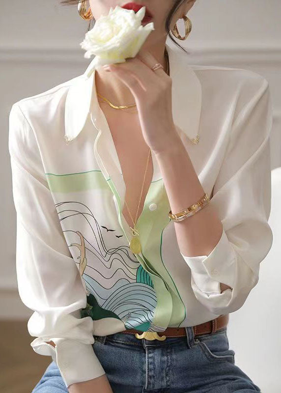 Art White Peter Pan Collar Print Chiffon Shirt Tops Spring