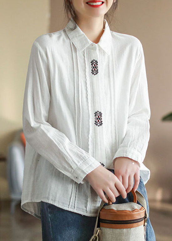 Art White Peter Pan Collar Bouton Broideried Cotton Shirt Tops Spring