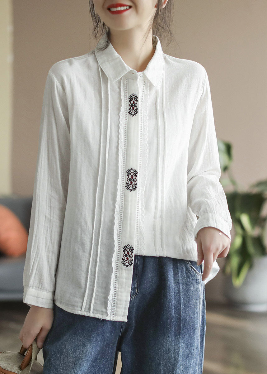 Art White Peter Pan Collar Bouton Broideried Cotton Shirt Tops Spring