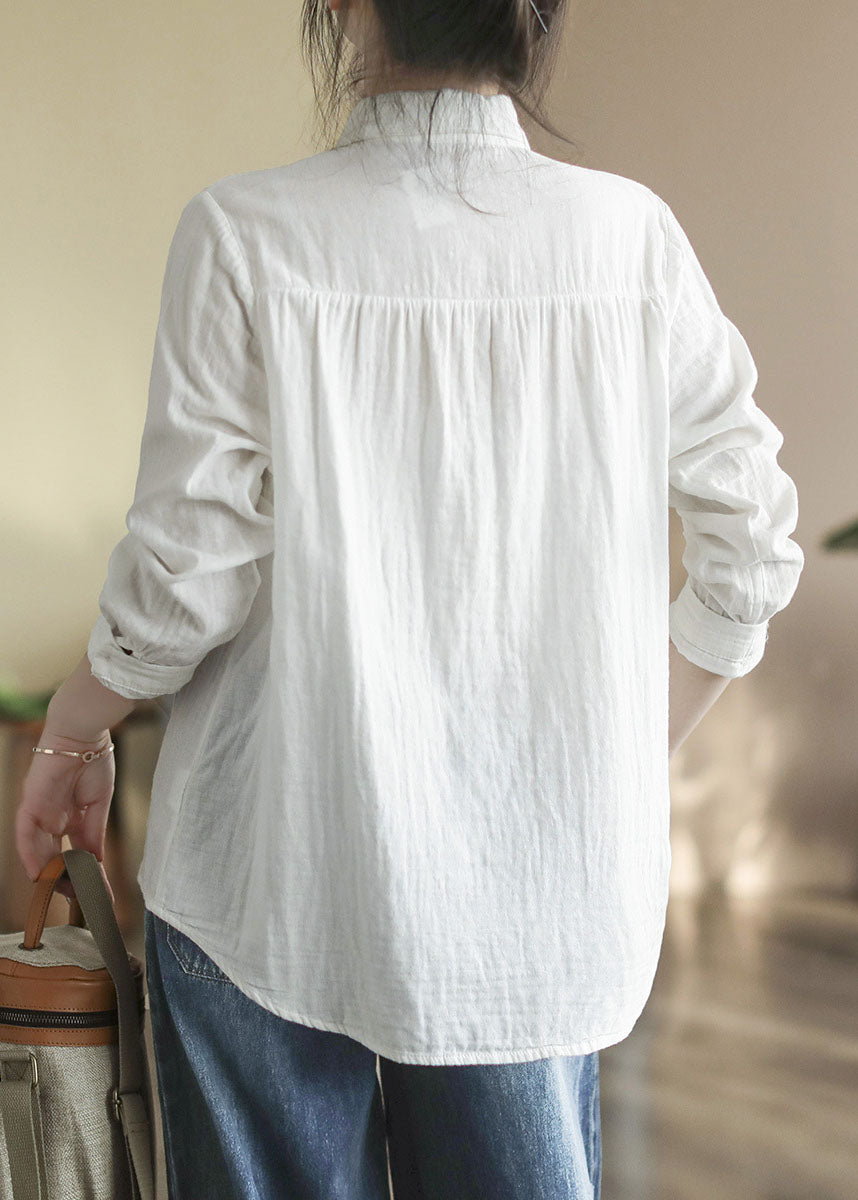 Art White Peter Pan Collar Bouton Broideried Cotton Shirt Tops Spring