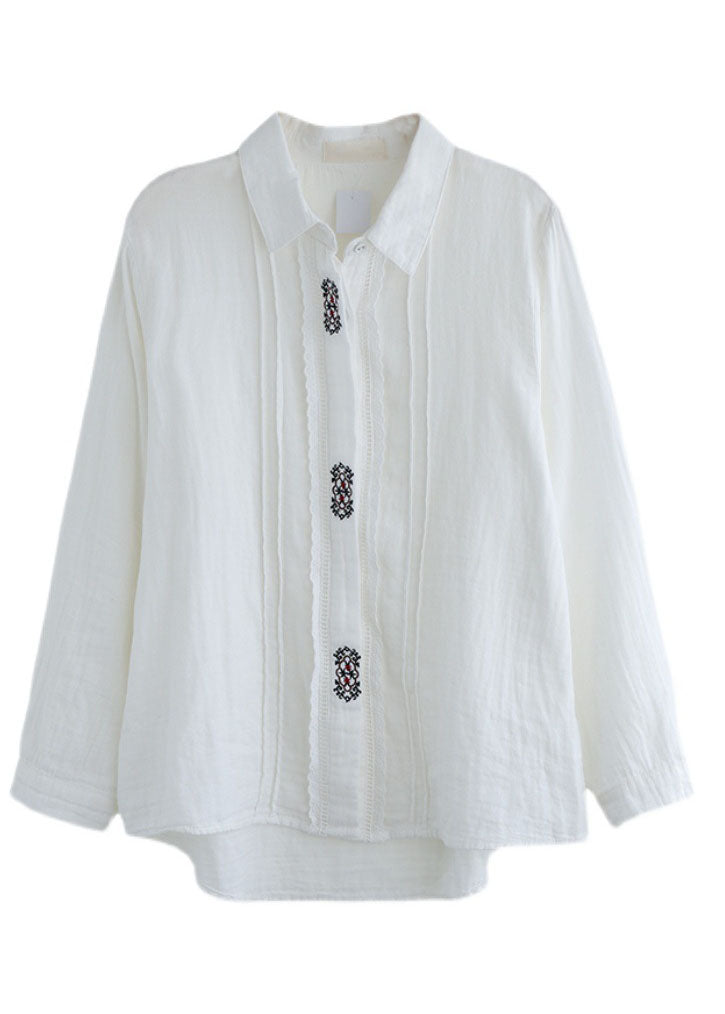 Art White Peter Pan Collar Bouton Broideried Cotton Shirt Tops Spring