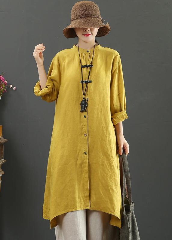 Art Yellow Blouses For Women Stand Collar Asymmetric Spring Top - SooLinen