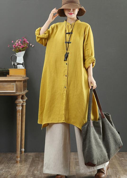 Art Yellow Blouses For Women Stand Collar Asymmetric Spring Top - SooLinen