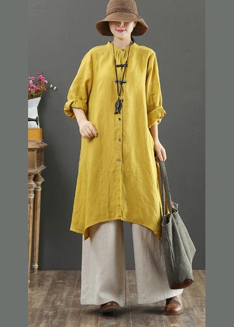 Art Yellow Blouses For Women Stand Collar Asymmetric Spring Top - SooLinen