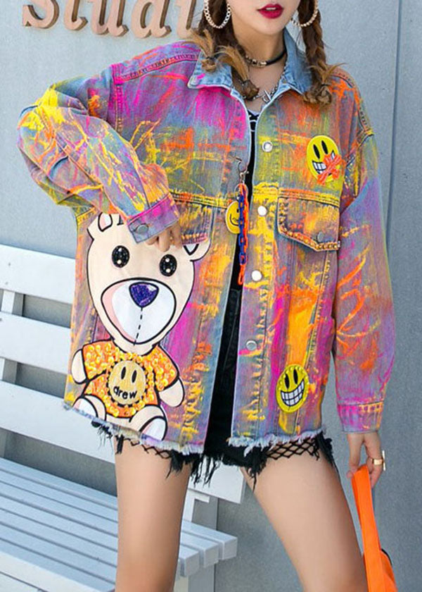 Art Yellow Graphic Zircon Nail Perle Patchwork Patchwork Denim Coat Spring