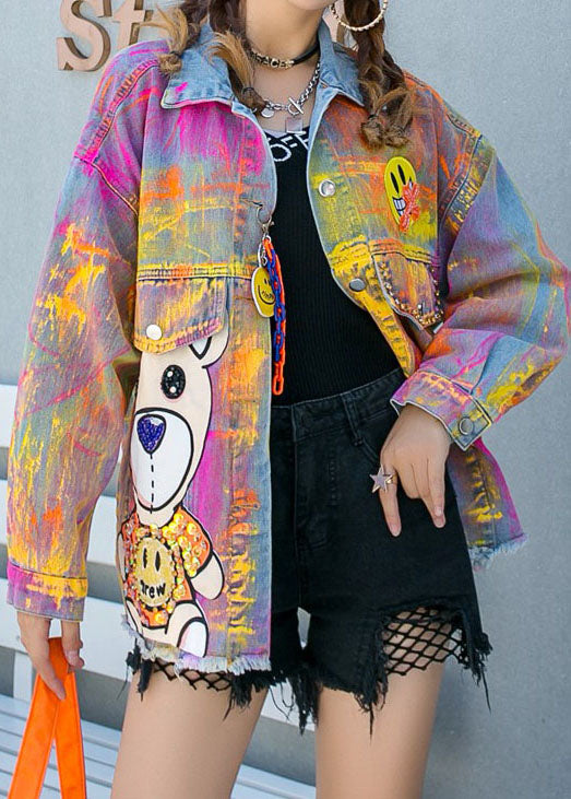 Art Yellow Graphic Zircon Nail Perle Patchwork Patchwork Denim Coat Spring