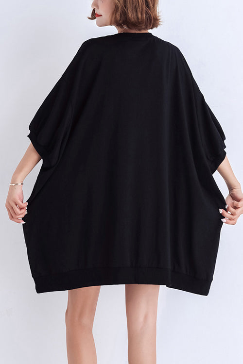 Art black cotton Blouse 2024 Outfits o neck Batwing Sleeve Midi Summer top