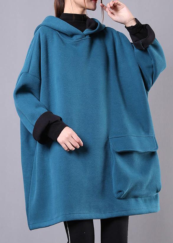 Art blue cotton clothes For Women hooded thick loose fall blouse - SooLinen