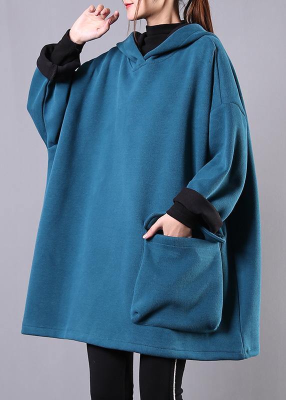 Art blue cotton clothes For Women hooded thick loose fall blouse - SooLinen