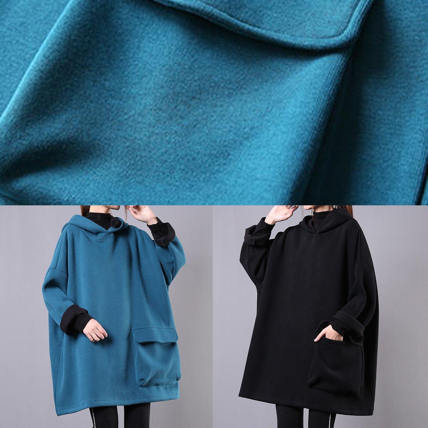 Art blue cotton clothes For Women hooded thick loose fall blouse - SooLinen