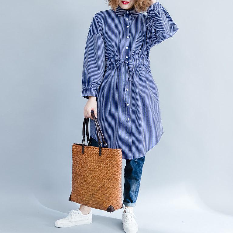 Art blue striped cotton crane tops Casual pattern Turn-down Collar Dresses blouses