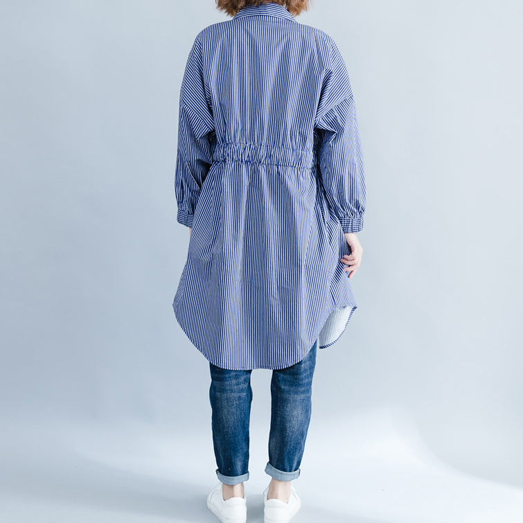 Art blue striped cotton crane tops Casual pattern Turn-down Collar Dresses blouses