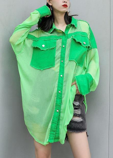 Art green chiffon patchwork tops women blouses big pockets tunic summer blouses - SooLinen